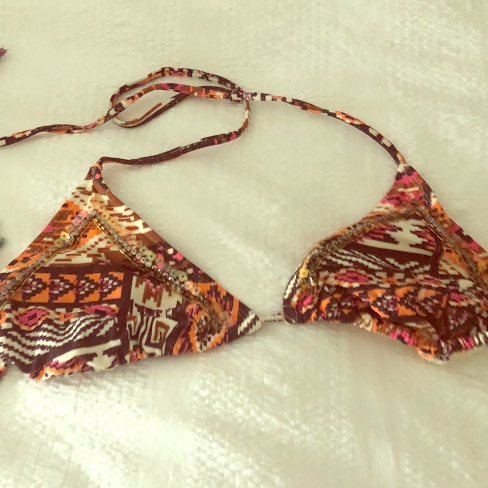 Orange printed triangle string bikini top
